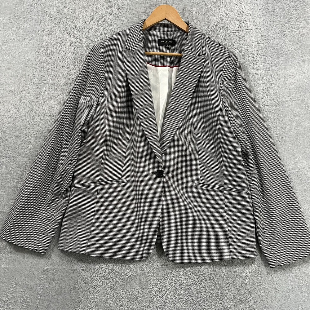 Talbots Blazer‎ Jacket Women 18 Gingham Plaid Black White Preppy Office Check